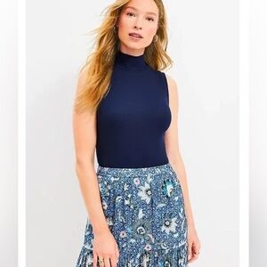 LOFT Navy Mock Neck Sleeveless Top with Blue Floral Tiered Skirt